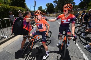 Daria Pikulik (on left in 2023 Tour Down Under leader's jersey) and Lily Williams return for another year at Human Powered Health