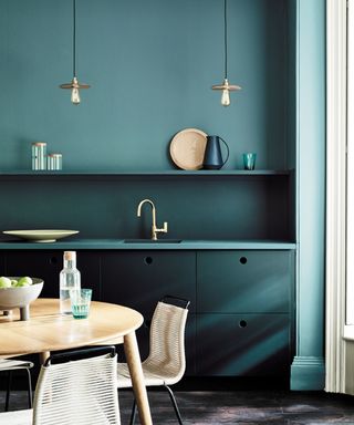 A color drenched kitchen features turquoise walls and turquoise cabinetry in a sleek contemporary design