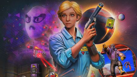 A woman holding a gun in a sci-fi setting