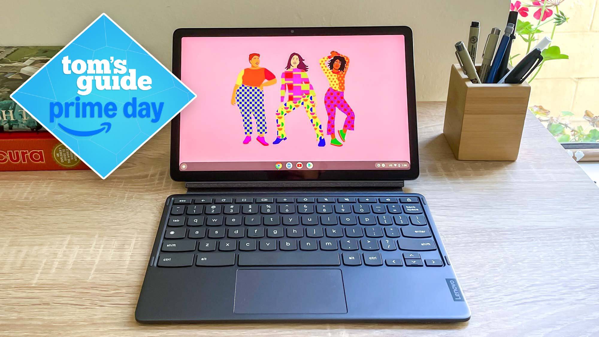 Lenovo Chromebook Duet on table showing art on display with Tom&#039;s Guide Prime Day badge