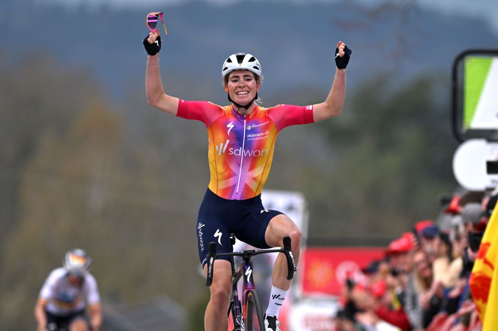 HUY BELGIUM APRIL 19 Demi Vollering of The Netherlands and Team SD Worx celebrates at finish line as race winner during the 26th La Fleche Wallonne Feminine 2023 a 1273km one day race from Huy to Mur de Huy UCIWWT on April 19 2023 in Huy Belgium Photo by David StockmanGetty Images