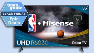 Hisense 85" tv on a blue background