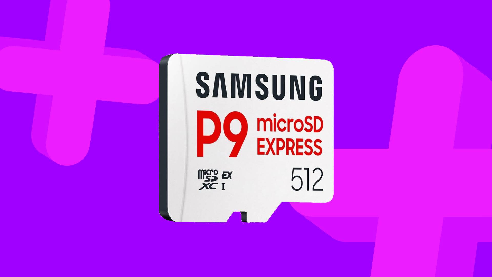 Samsung P9 microSD Express card with purple backdrop.