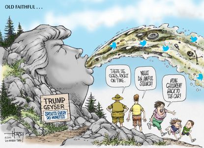 Political cartoon U.S. Donald Trump Twitter Old Faithful
