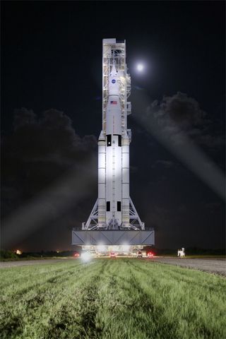 As seen in this artist's illustration, SLS will represent the most powerful rocket in history. Image released Aug. 27, 2014.