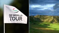 A white DP World Tour flag and the 1st hole at Trump International Golf Links Ireland