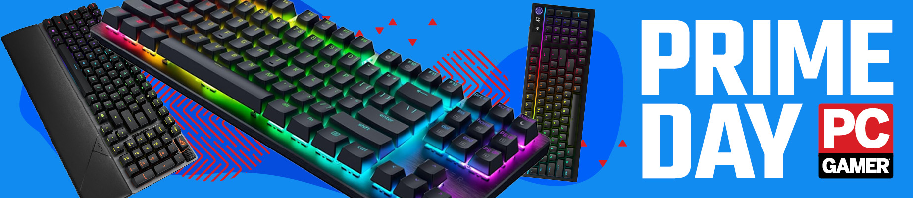 A selection of gaming keyboards on a blue abstract banner