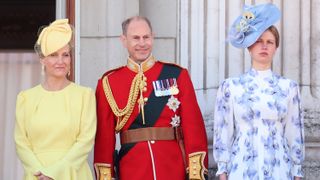 Prince Edward, Duke of Edinburgh, Sophie, Duchess of Edinburgh and Lady Louise Windsor during Trooping the Colour at Buckingham Palace on June 15, 2024