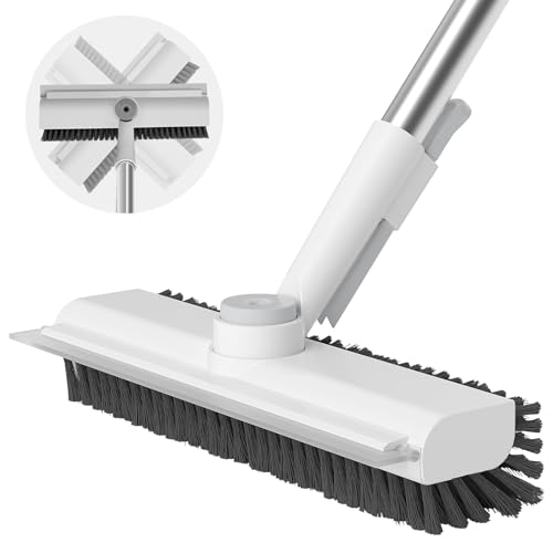 Air U+ Floor Scrub Brush With Long Handle, 3 in 1 Scrape and Heavy-Duty Stiff Bristle Scrubber Brush for Cleaning Shower Bathroom, Patio, Garage, Kitchen, Wall and Deck