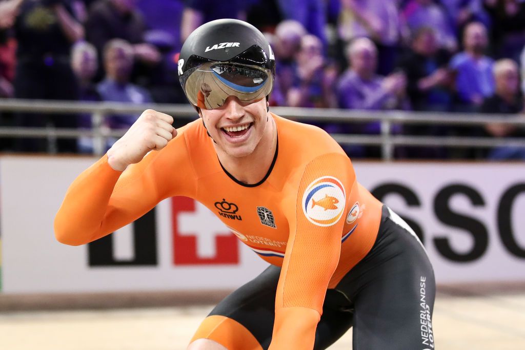 BERLIN GERMANY MARCH 01 Harrie Lavreysen of The Netherlands celebrates after winning Mens Sprint Final during day 5 of the UCI Track Cycling World Championships Berlin at Velodrom on March 01 2020 in Berlin Germany Photo by Maja HitijGetty Images