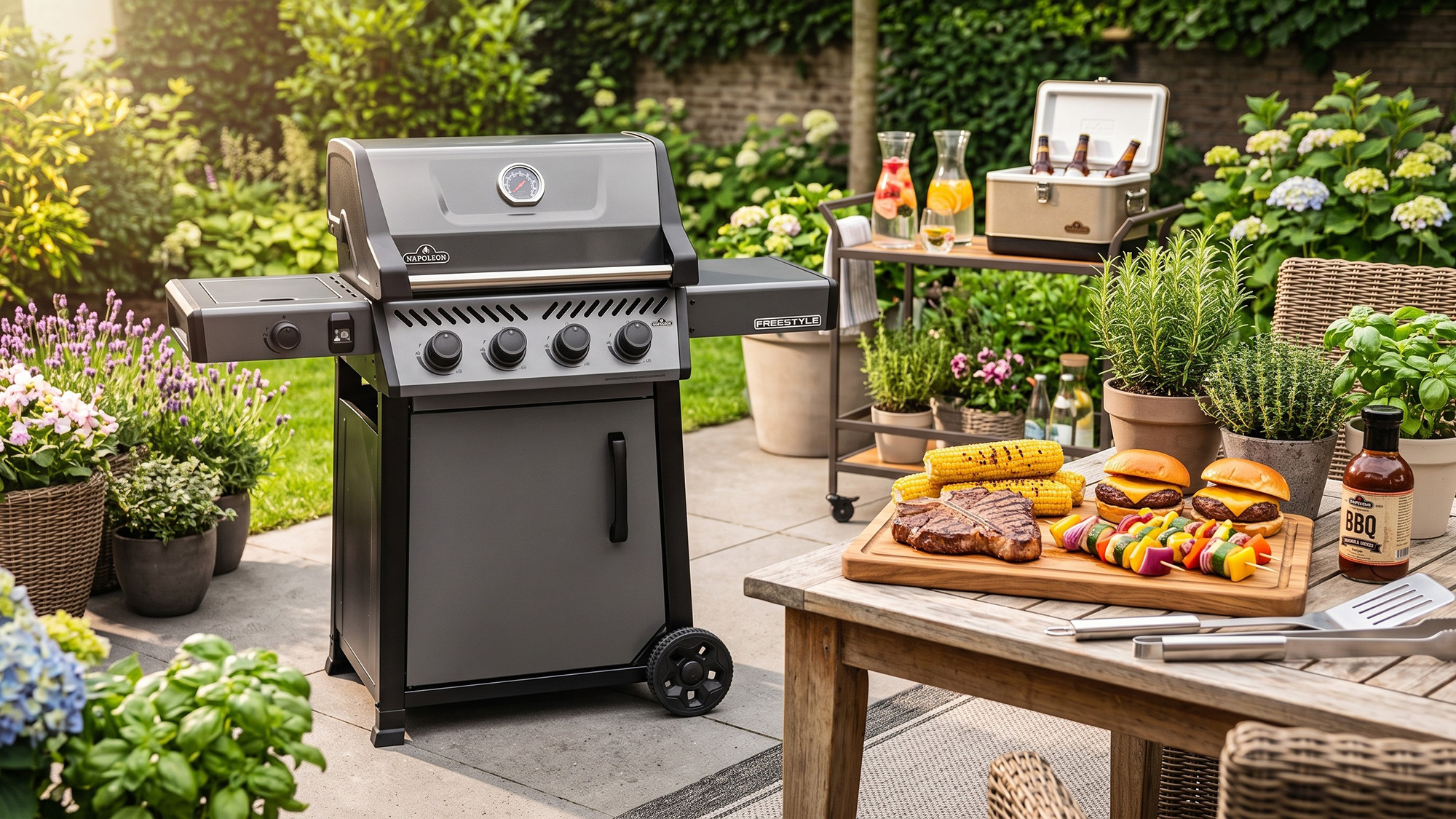 AI generated lifestyle image showing the Napoleon Freestyle 425 grill in a garden with grilled food on the table