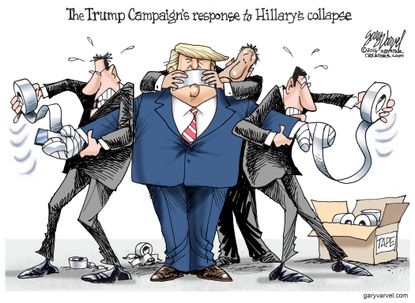 Political cartoon U.S. 2016 election Donald Trump Hillary Clinton health