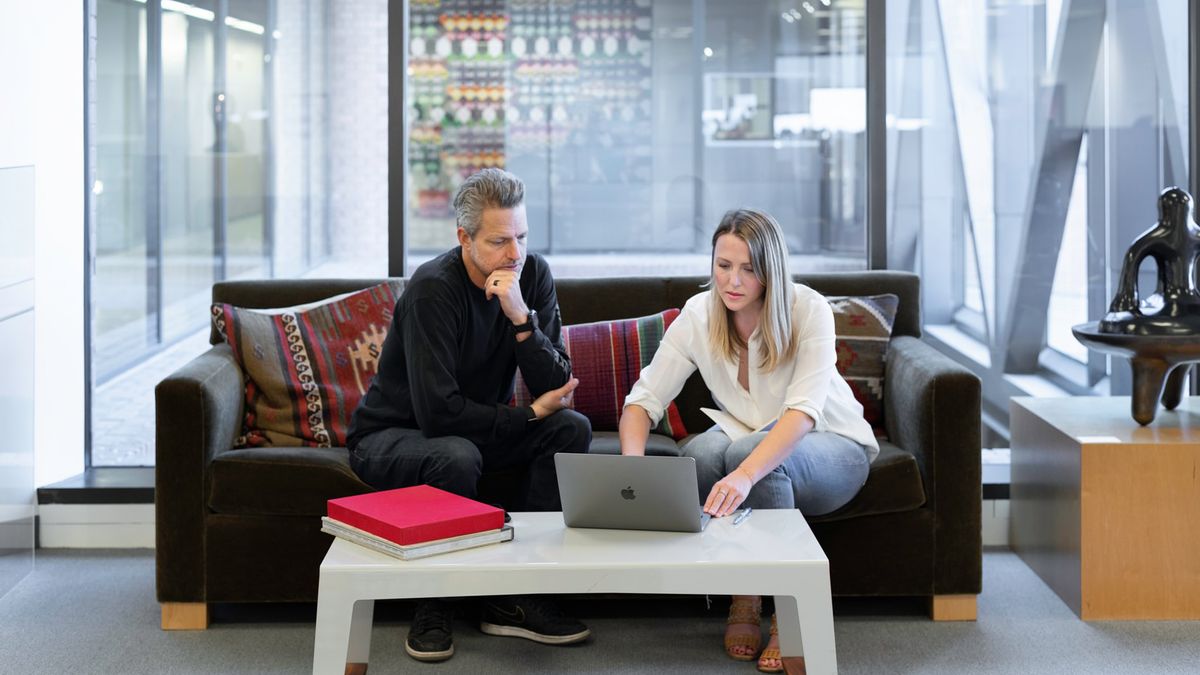 people working on laptop in office on sofa