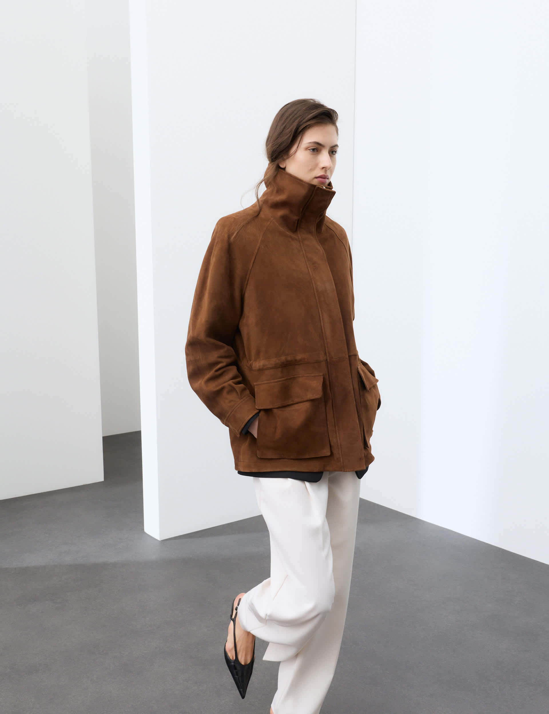 Suede Funnel Neck Longline Jacket