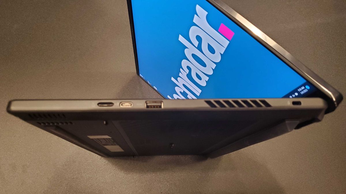 black gaming laptop on side