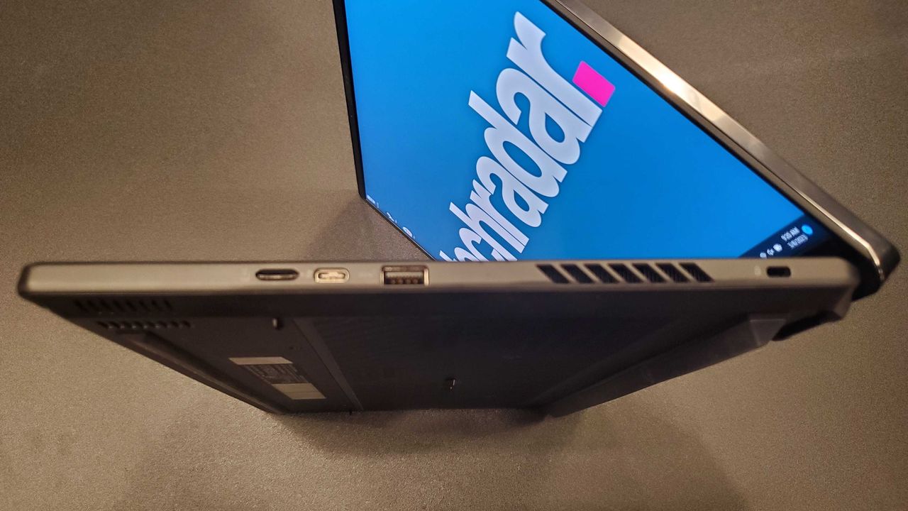 black gaming laptop on side