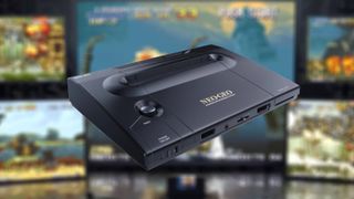 Neo Geo AES+ with gameplay footage from trailer blurred in backdrop.