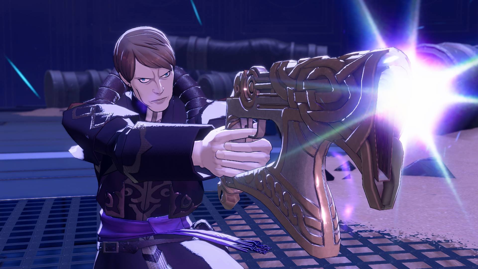Fire Emblem: Fortune's Weave screenshot shows a male character aiming gun-like weapon Breidablik from Fire Emblem Heroes.