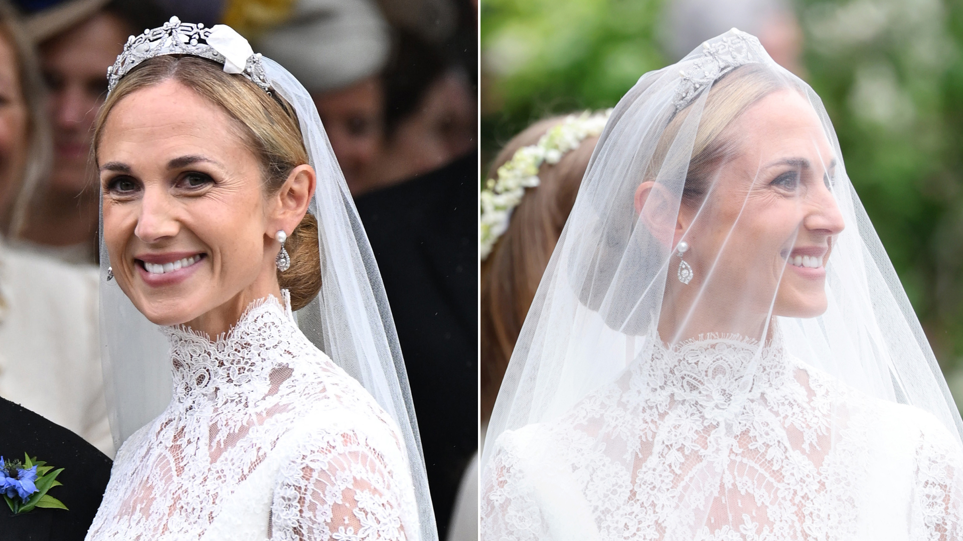 Harriet Sperling wears a diamond tiara at her wedding to Princess Anne's son, Peter Phillips, along with a cusom Emilia Wickstead lace wedding gown featuring a high neck and long sleeves