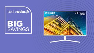 The Samsung ViewFinity UR59 monitor on a lilac background with a TechRadar deals badge.