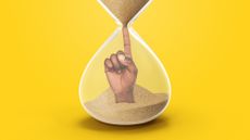 Illustration of an hourglass with a hand emerging from the sand in the lower bulb to plug the upper bulb