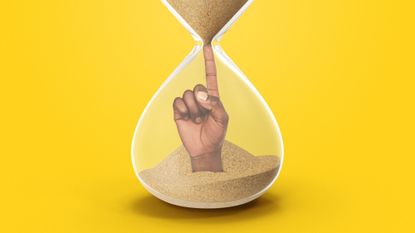 Illustration of an hourglass with a hand emerging from the sand in the lower bulb to plug the upper bulb