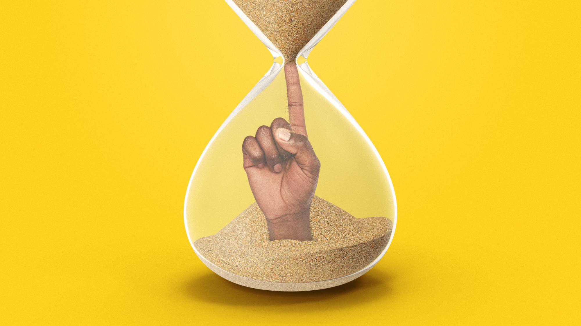 Illustration of an hourglass with a hand emerging from the sand in the lower bulb to plug the upper bulb