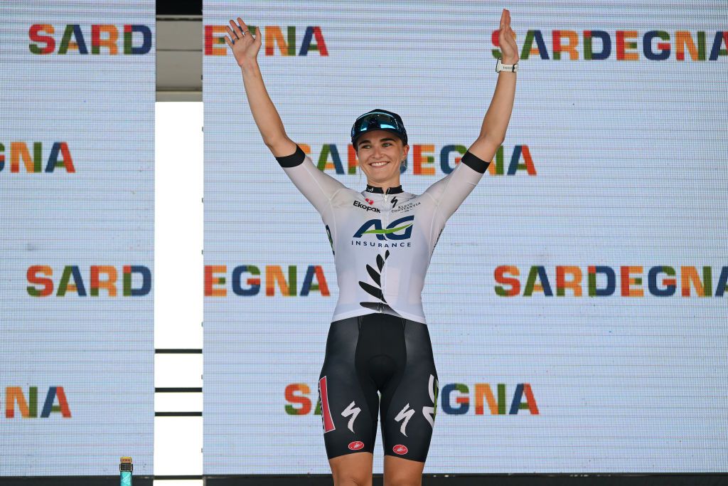 OLBIA ITALY JULY 09 LR Ally Wollaston of New Zealand and Team AG Insurance Soudal QuickStep on third place poses on the podium ceremony after the 34th Giro dItalia Donne 2023 Stage 9 a 12685km stage from Sassari to Olbia UCIWWT on July 09 2023 in Olbia Italy Photo by Dario BelingheriGetty Images