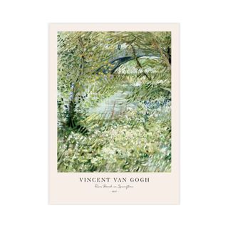 A wall art print with a green painted scene of a riverbank, with a cream border with black lettering says 'Vincent Van Gogh'