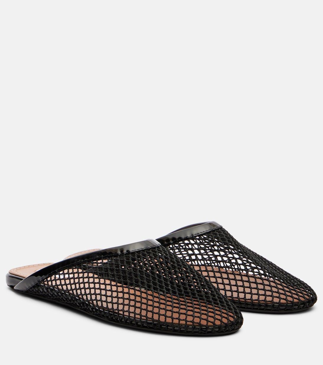 Patent Leather-Trimmed Fishnet Mules