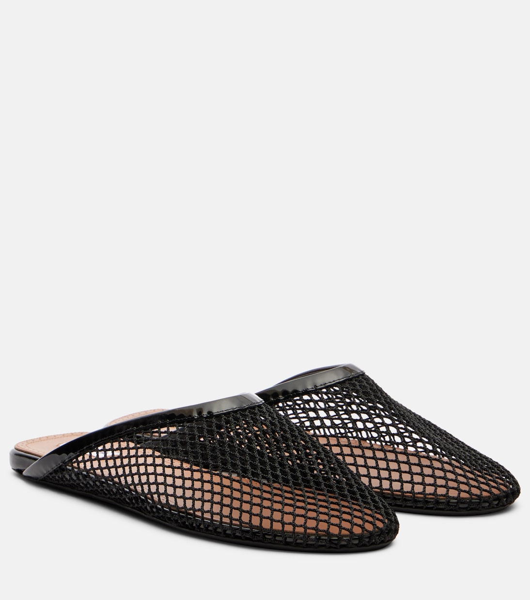 Patent Leather-Trimmed Fishnet Mules