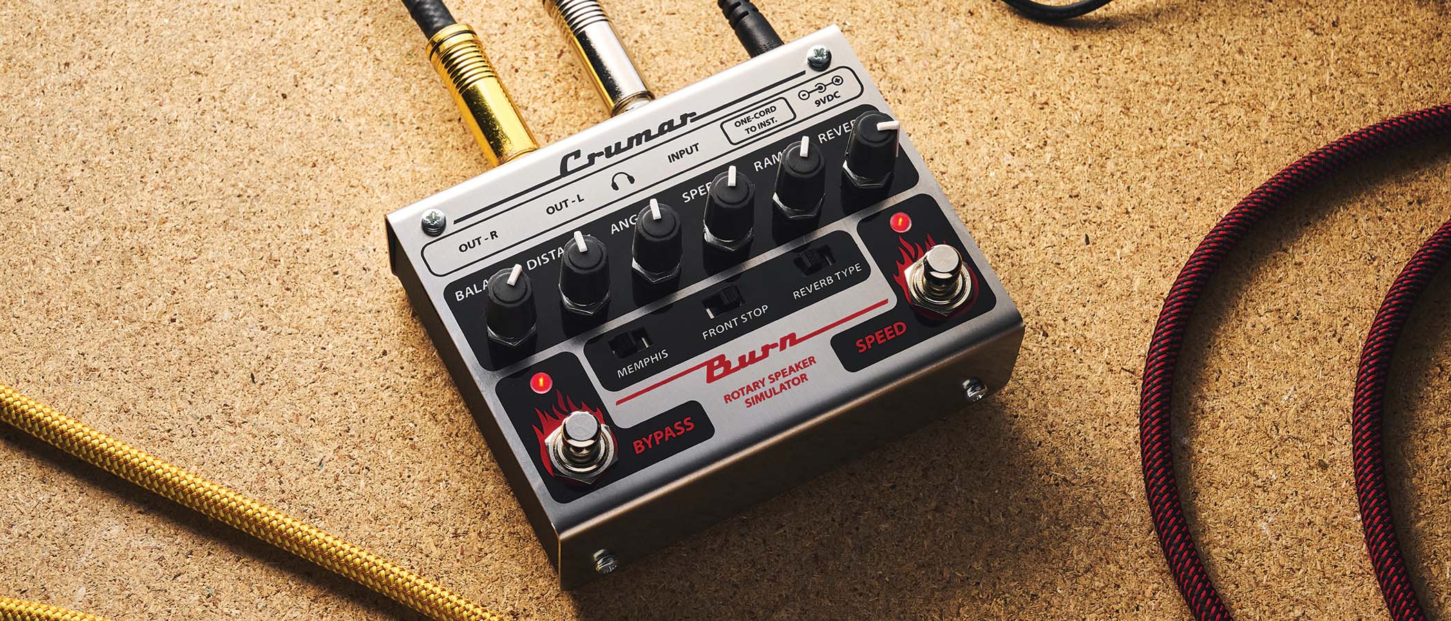 The Crumar Burn is a rotary speaker emulator that is designed for keyboards but works just fine for guitar &ndash; it has a brushed metal chassis with black dials and control panel