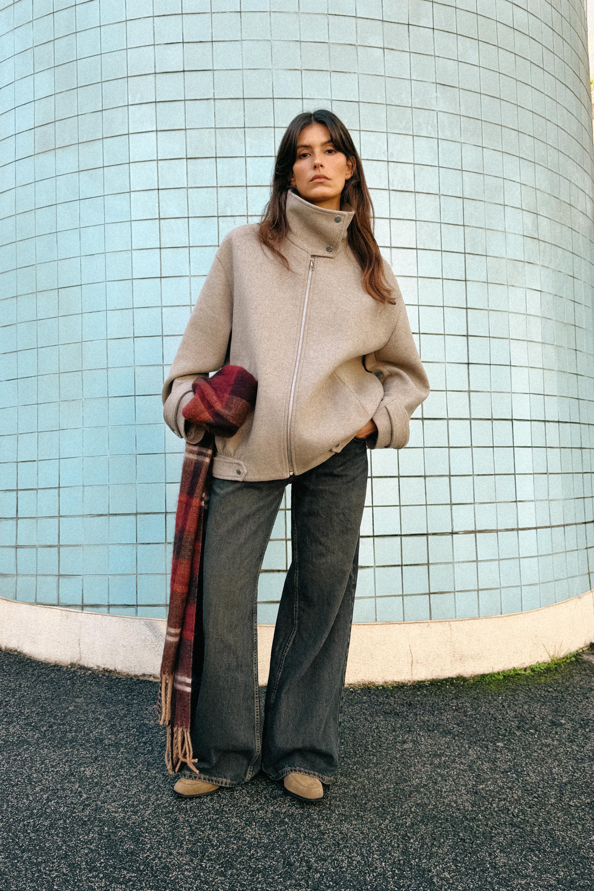 Wool Blend Bomber Jacket With High Neck