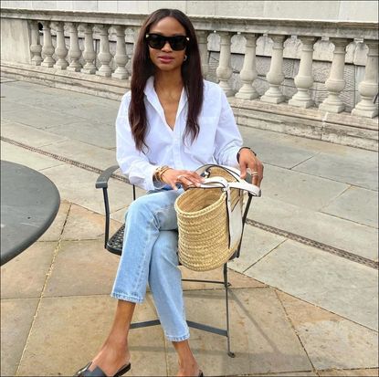 Instagram photo of @symphonyofsilk Lorna posing in black sungless, white button-up, jeans, and basket tote