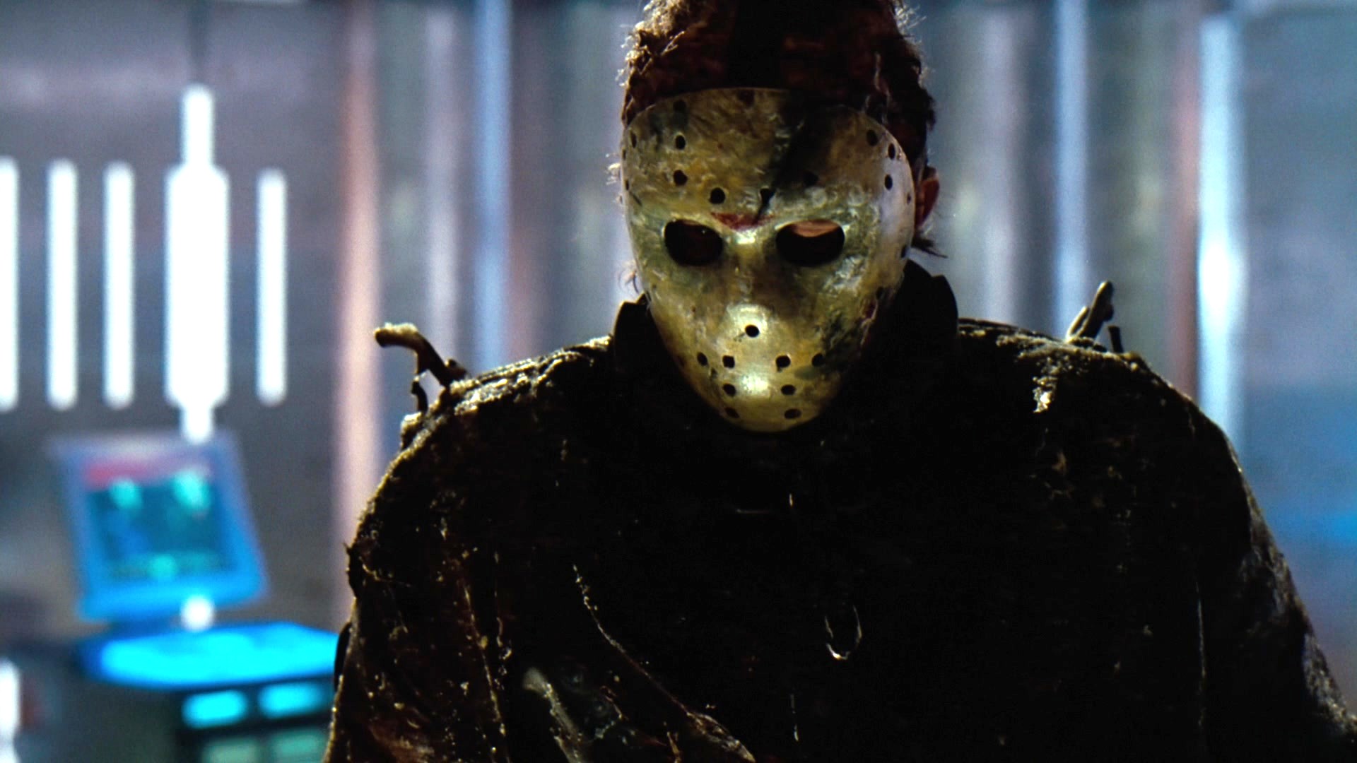 Screenshot from the 2001 space horror movie "Jason X" showing Kane Hodder as Jason Voorhees.