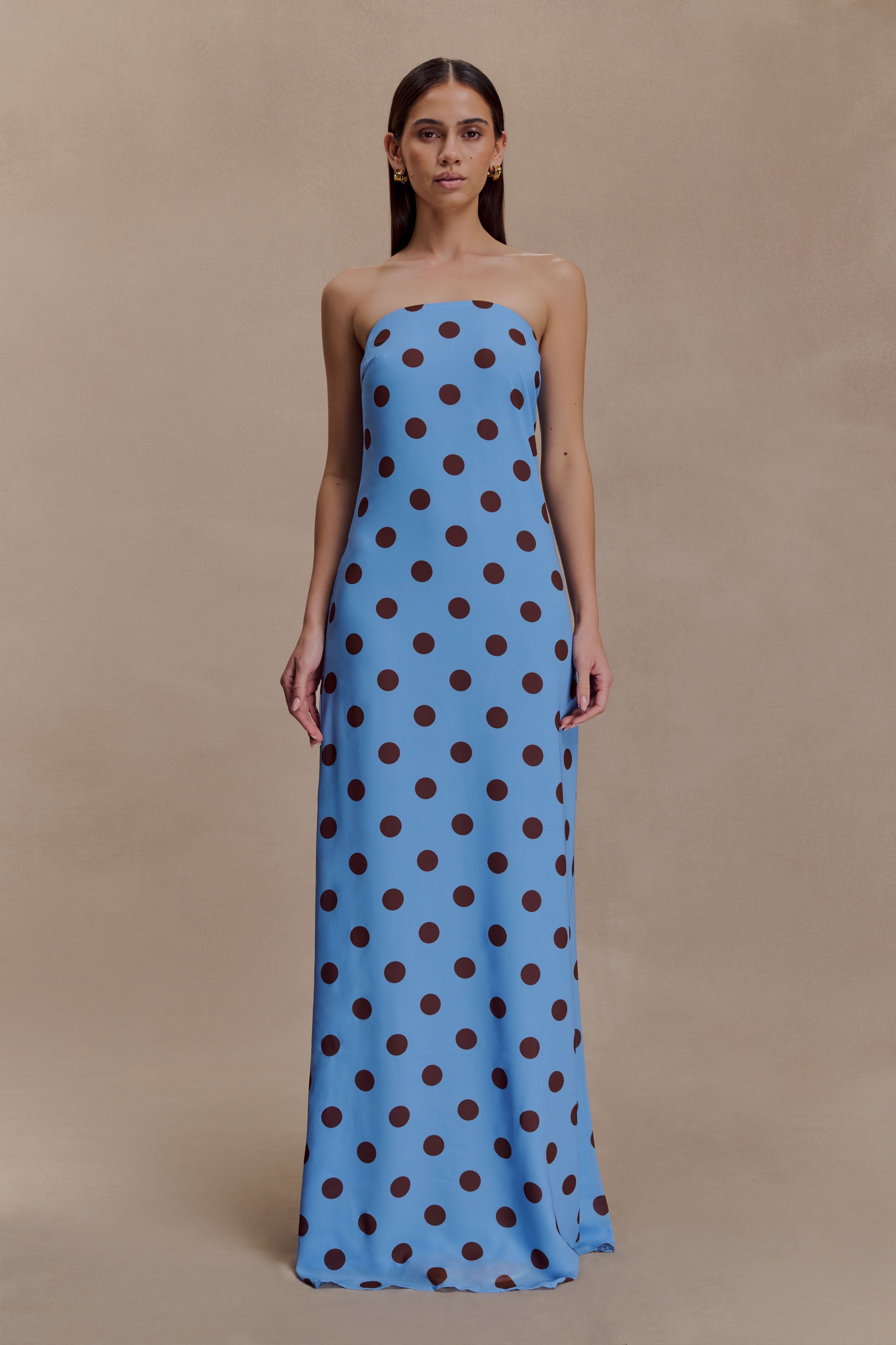 Amaya Strapless Chiffon Maxi Dress - Blue Polka Dot Xxs