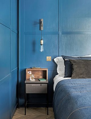 Modern blue bedroom with panels