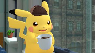 Pikachu drinks coffee