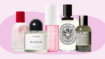 Best office perfumes: scents from Glossier, Byredo, Sol De Janeiro, Diptyque and Le Labo in a light purple/ pink template