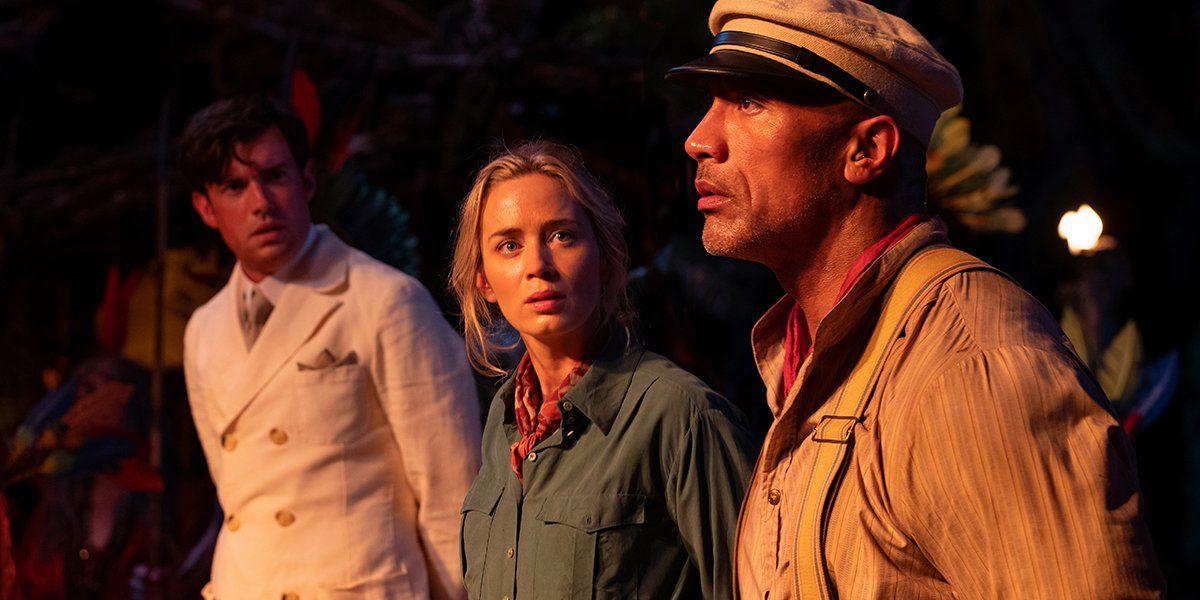 Jack Whitehall, Emily Blunt, and Dwayne Johnson in Jungle Cruise