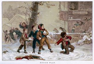 watercolour of boys having a snowball fight