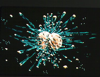 Illustration of an asteroid shattering upon impact