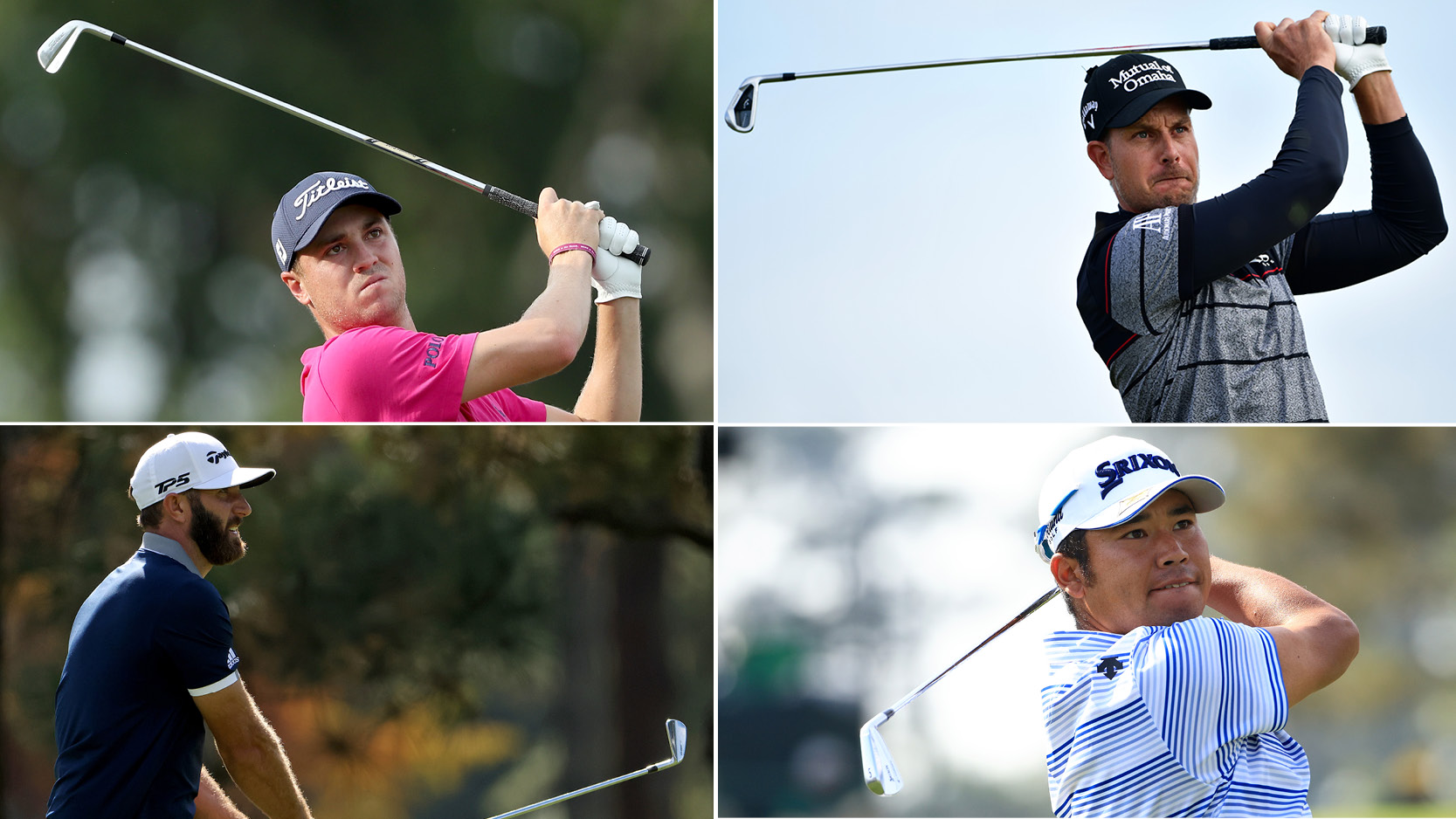Four golfers hit iron shots into the green