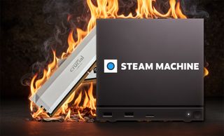 Valve Steam Machine gaming PC with Crucial DDR5 memory edited with artificial flames added by Gemini