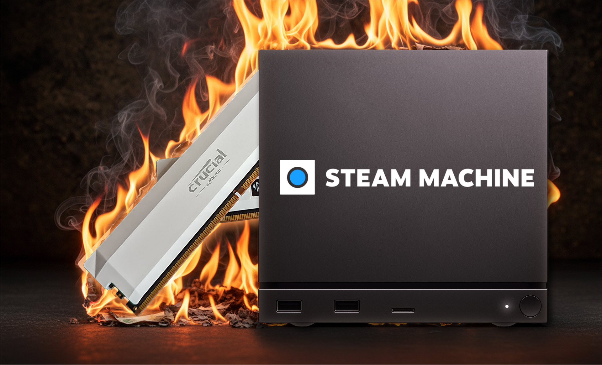 Valve Steam Machine gaming PC with Crucial DDR5 memory edited with artificial flames