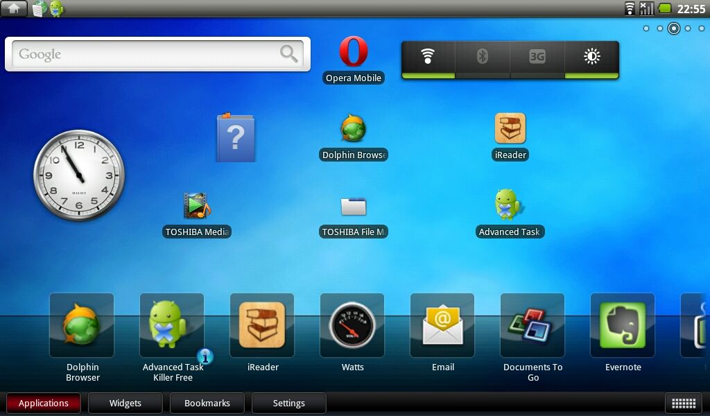 The AC100's home screen with Toshiba's app dock