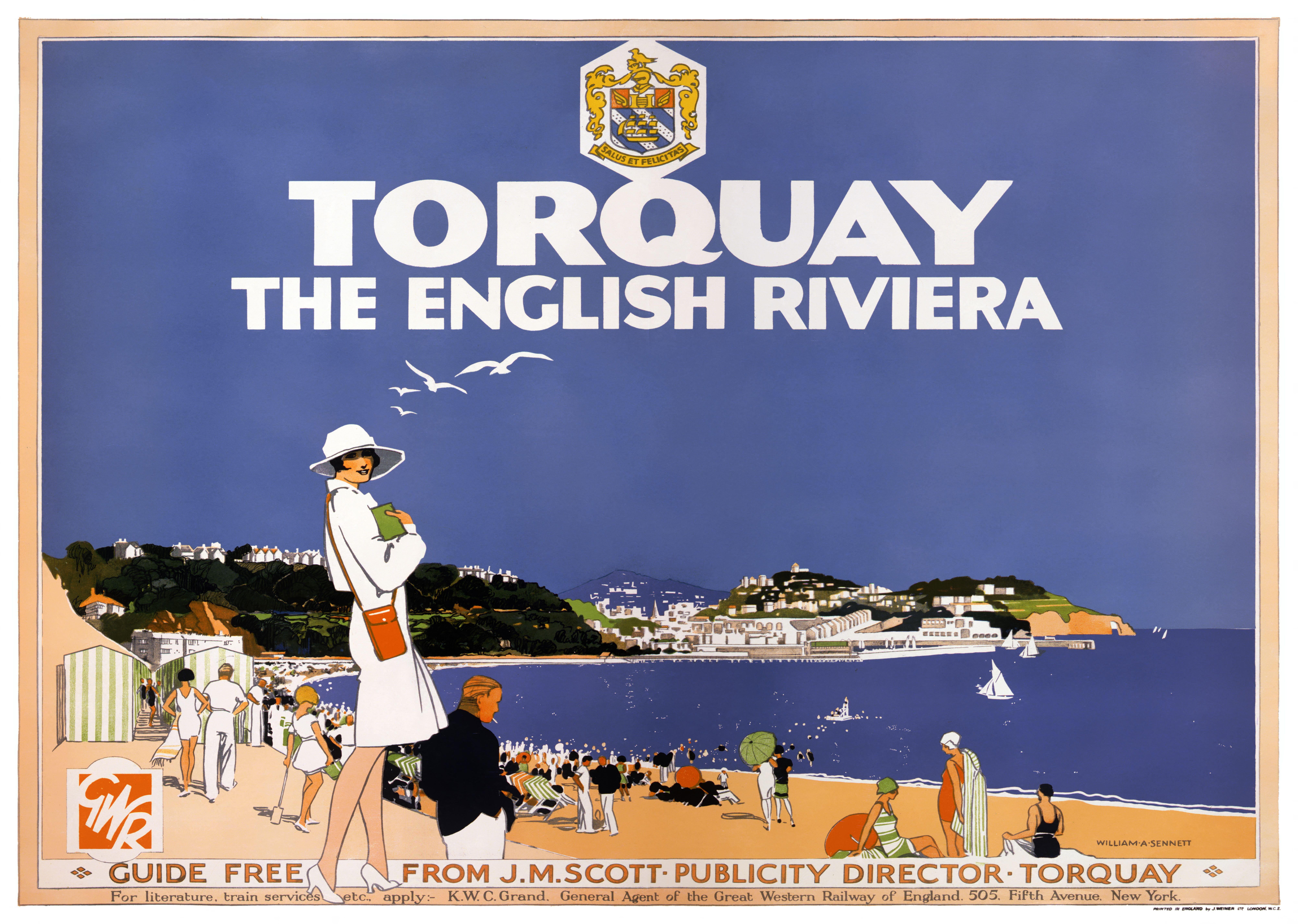 Torquay, The English Riviera by William A. Sennett (dates unknown). Restored vintage poster published in 1920s in the UK.