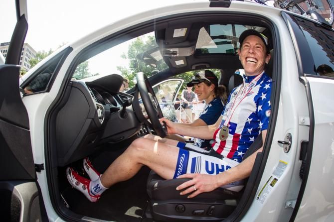 Alison Powers (UnitedHealthcare) sits in the new VW GTI she won