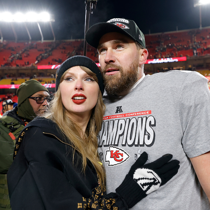 Taylor Swift celebrates with Travis Kelce #87 of the Kansas City Chiefs after defeating the Buffalo Bills 32-29 in the AFC Championship Game at GEHA Field at Arrowhead Stadium on January 26, 2025 in Kansas City, Missouri