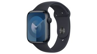 Apple Watch Series 9 with graphite strap on white background, screen displaying analogue clockface